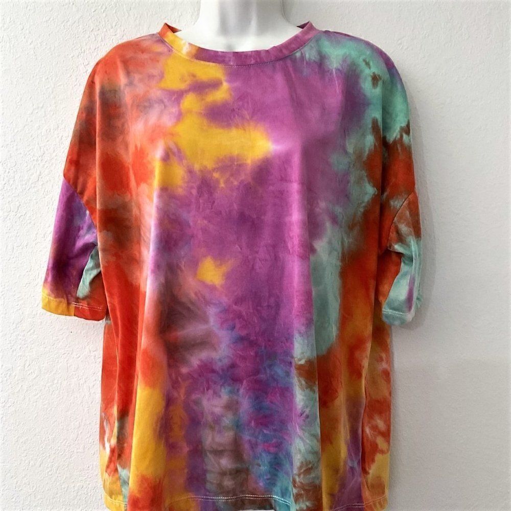 Retro Vibrant Multicolor Abstract Cloud Tie Dye T-Shirt Size L Like New